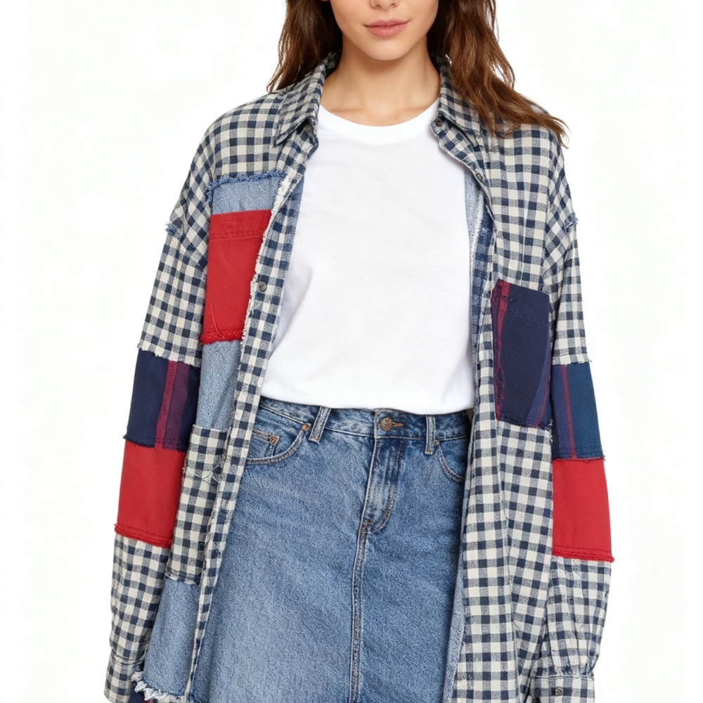 Upcycled Patchwork Plaid Shirt With Denim Accents